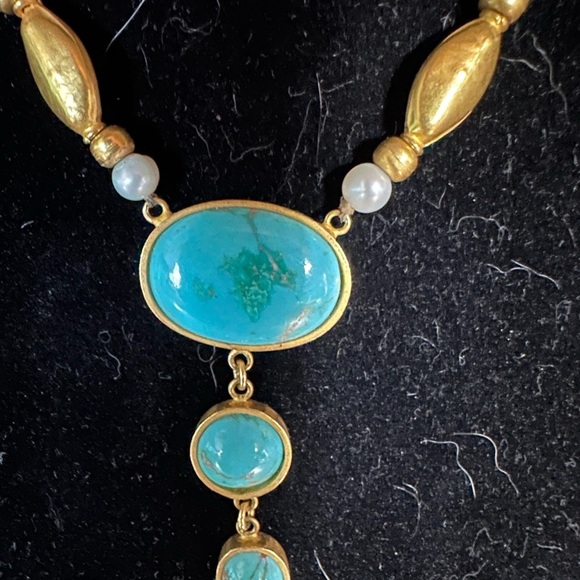 20 k gold turquoise pearl beaded pendant necklace - Picture 2 of 12